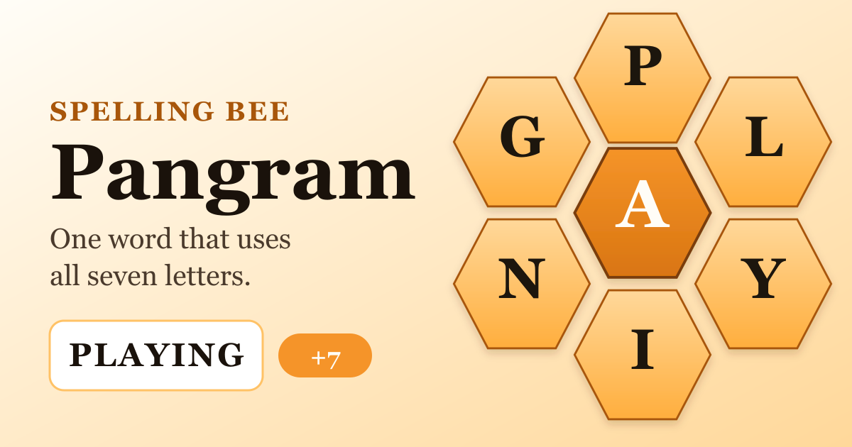 A Spelling Bee honeycomb with the letters P, L, A, Y, I, N and the center letter A. The word PLAYING uses all seven letters, so it is a pangram worth a seven point bonus.